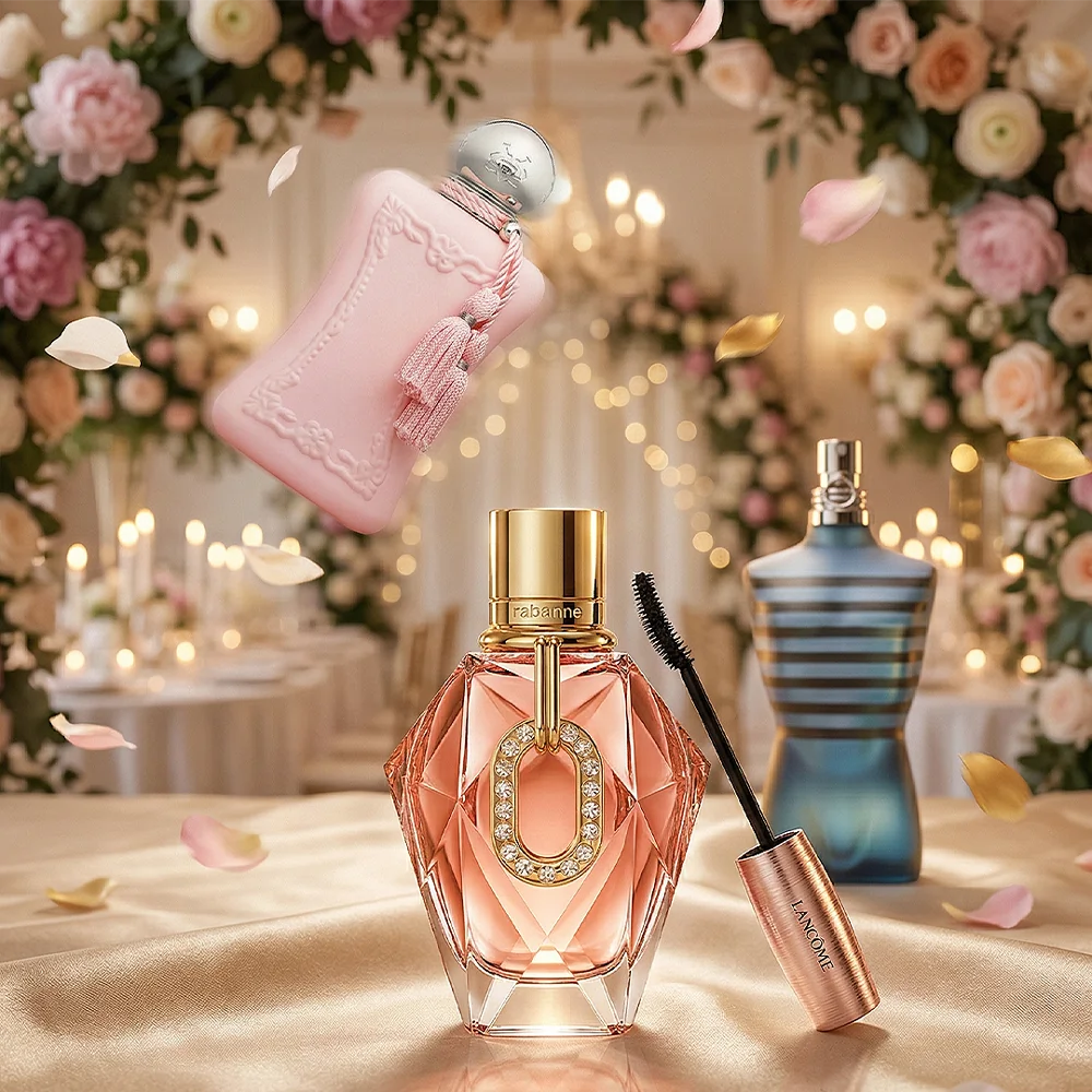 Promotiebeeld met een collectie van nieuwe luxe parfums en cosmetica.